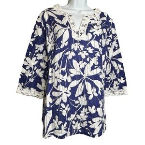 Alfred Dunner 3/4 Sleeve V-Neck Blouse Womens Size 14 Blue White Lace Tunic Top